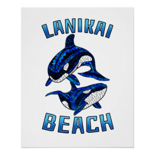Lanikai Beach Hawaii Vacation Tribal Whale Orcas Poster