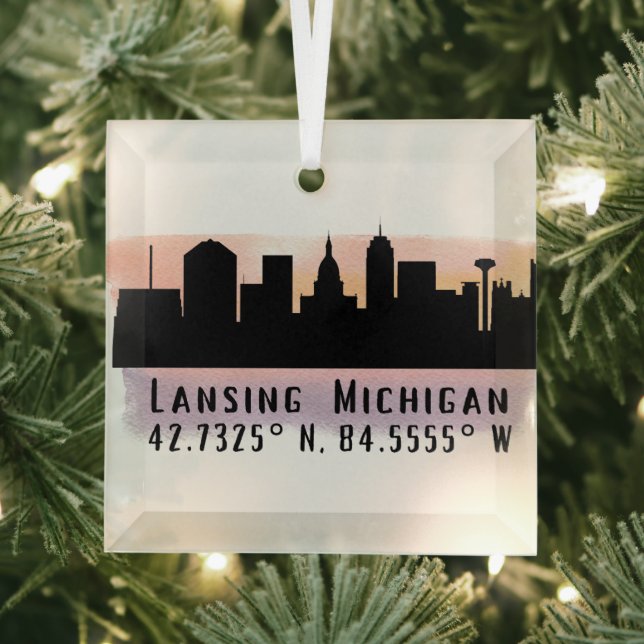Lansing MI City Skyline Latitude and Longitude  Glass Tree Decoration (Insitu)