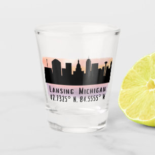 Lansing MI City Skyline Latitude and Longitude Shot Glass