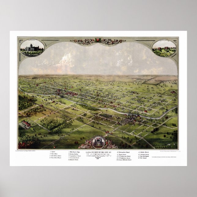 Lansing, MI Panoramic Map - 1866 Poster (Front)