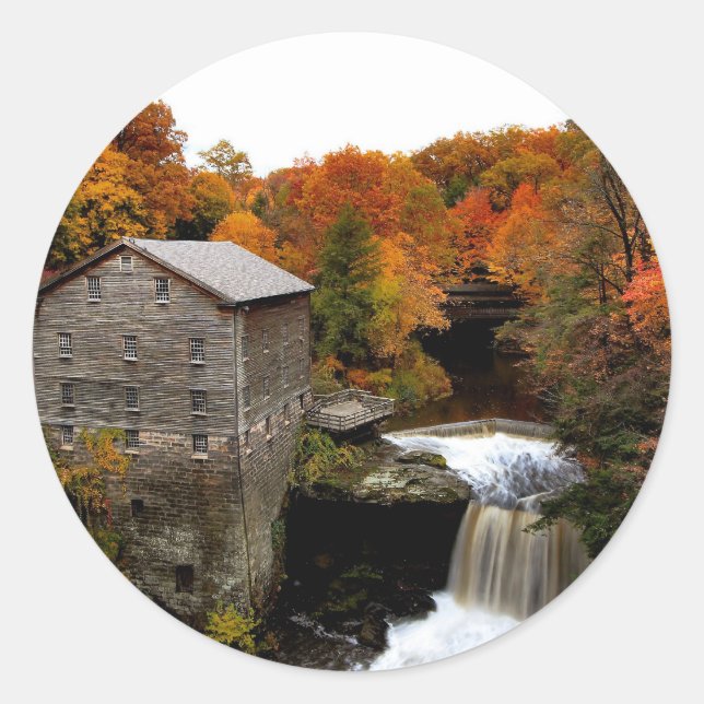 Lanterman's Mill in Autumn Classic Round Sticker (Front)