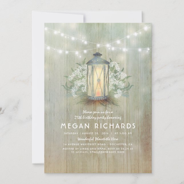 Lantern and Baby's Breath Rustic Birthday Party Invitation (Front)