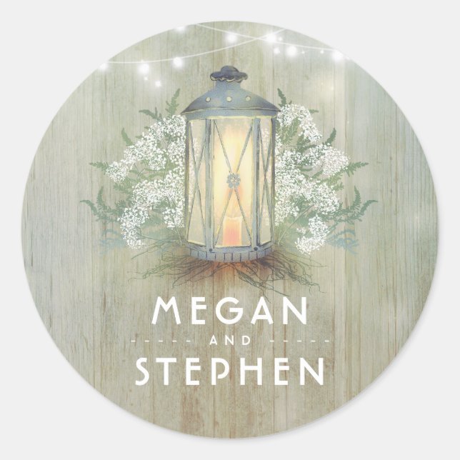 Lantern and Baby's Breath Rustic Wood Wedding Classic Round Sticker (Front)