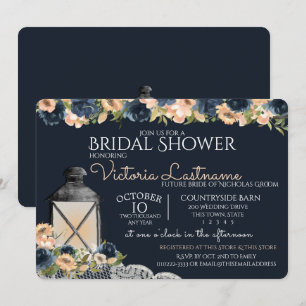 Lantern and Flowers Navy Blue Bridal Shower Invitation