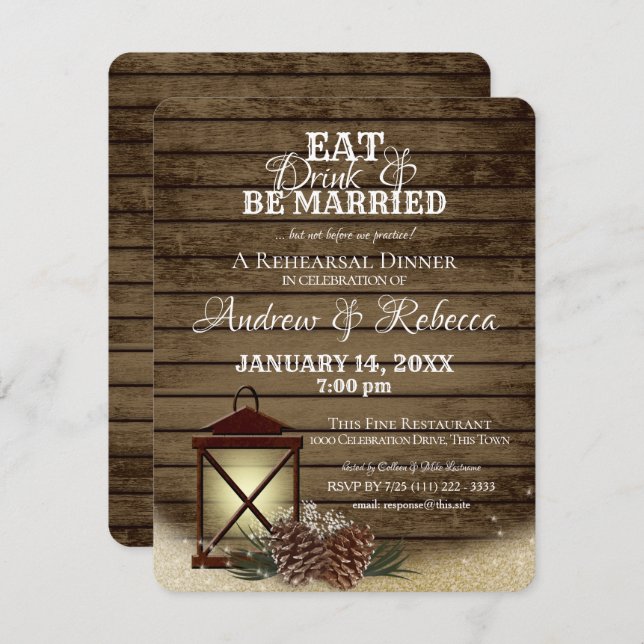 Lantern and Pine Cones Rehearsal Dinner Invitation (Front/Back)
