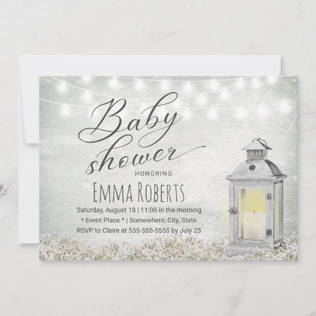 Lantern & Baby's Breath Floral Rustic Baby Shower Invitation (Front)