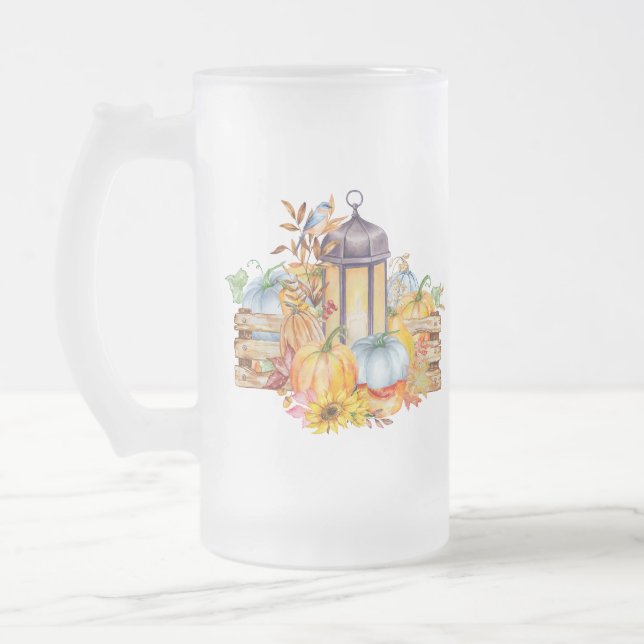 Lantern, Blue Bird and Sunflowers Frosted Glass Beer Mug (Left)