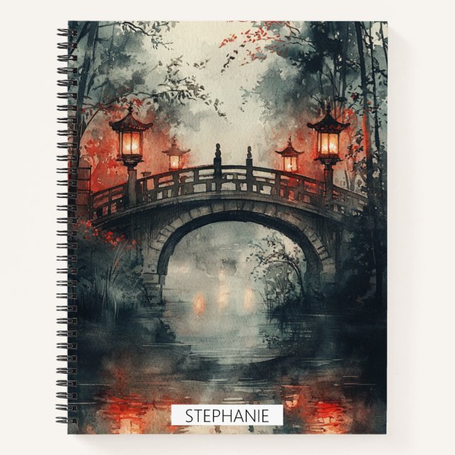 Lantern Bridge Moonlight Watercolor Notebook (Front)