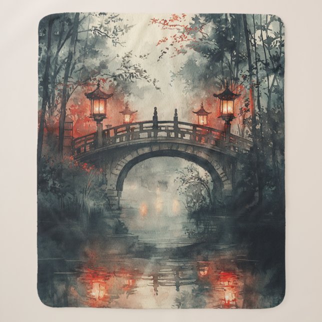 Lantern Bridge Moonlight Watercolor Sherpa Blanket (Front)