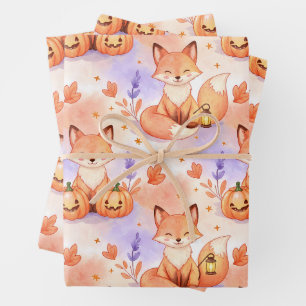Lantern Foxes & Pumpkin Whimsy – Autumn Woodland P Wrapping Paper Sheet