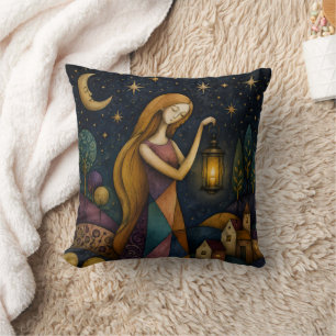 LANTERN GIRL UNDER BLUE STARRY SKY CUSHION