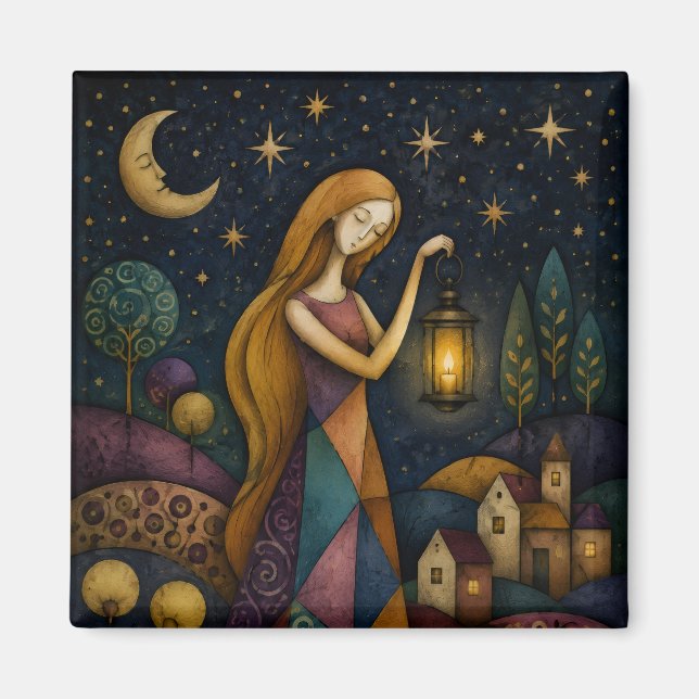 LANTERN GIRL UNDER BLUE STARRY SKY MAGNET (Front)