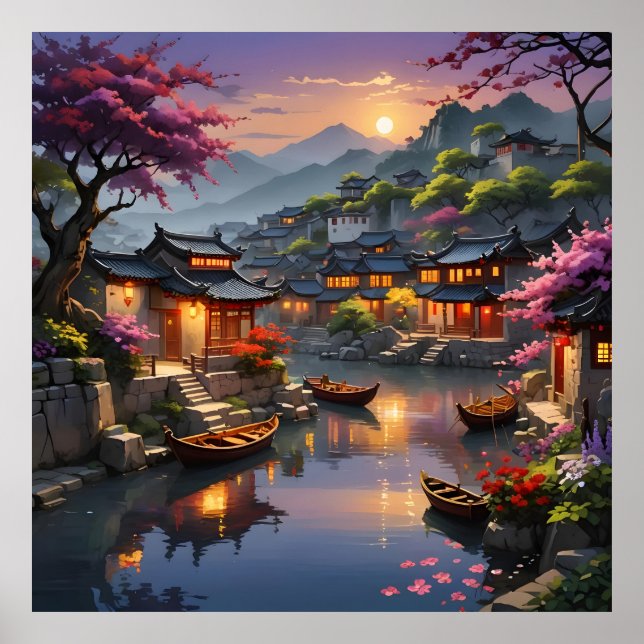 Lantern Glow Amid Blossoms and Water Poster (Front)