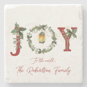 Lantern Joy to the World Christmas Wreath Holly Stone Coaster