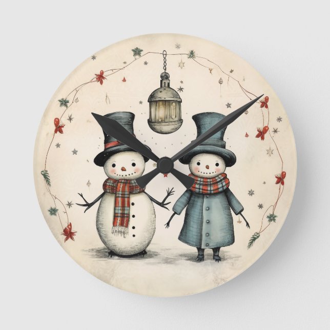 Lantern Light Companions – Vintage Snowman Round Clock (Front)