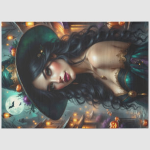 Lantern-Lit Halloween Witch with Pumpkins and Goth Tissue Paper