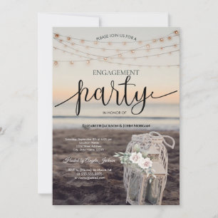 Lantern,String Lights,Flowers,Beach Engagement   Invitation