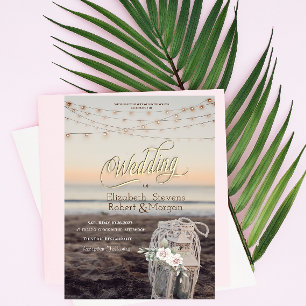 Lantern,String Lights,Flowers,Beach Wedding Invitation