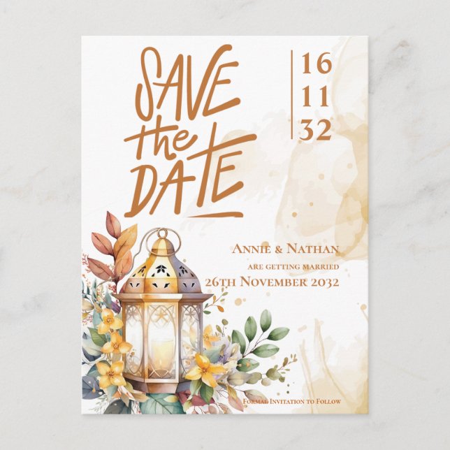 Lantern Yellow Floral Fall Wedding Save the Date Announcement Postcard (Front)