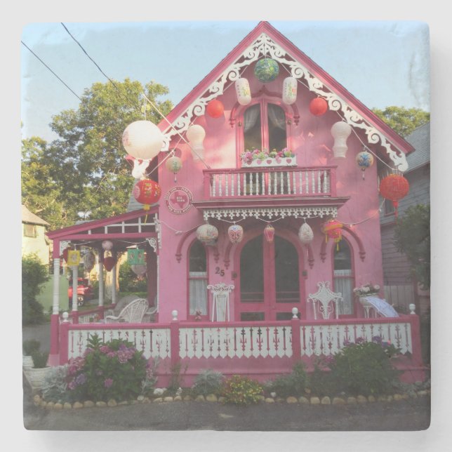 Lanterns and Pink Gingerbread - Martha's Vineyard Stone Coaster (Front)