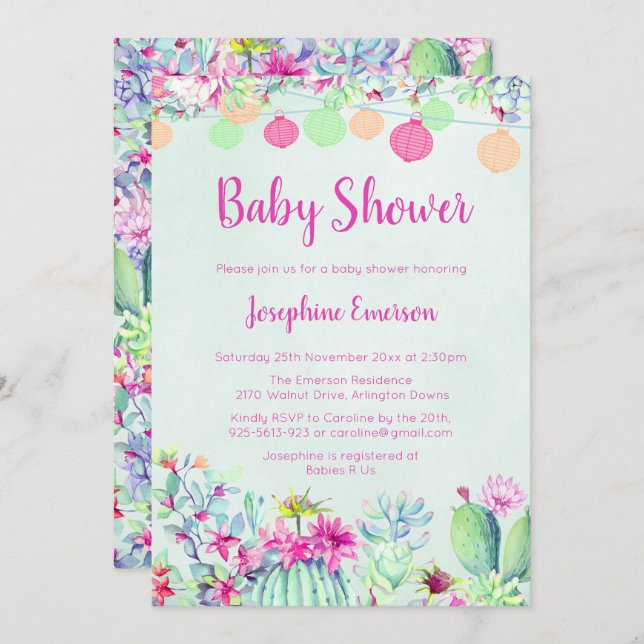 Lanterns & Cactus Baby Shower Invitations (Front/Back)