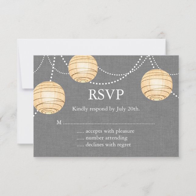 Lanterns on Grey Burlap RSVP Card (Front)