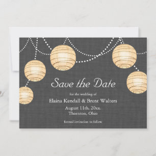 Lanterns on Grey Burlap Save the Date