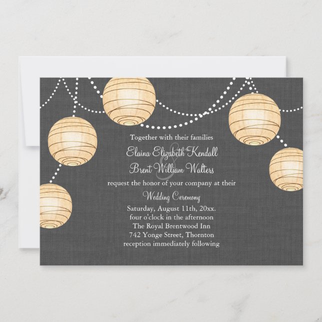 Lanterns on Grey Burlap Wedding Invitation (Front)