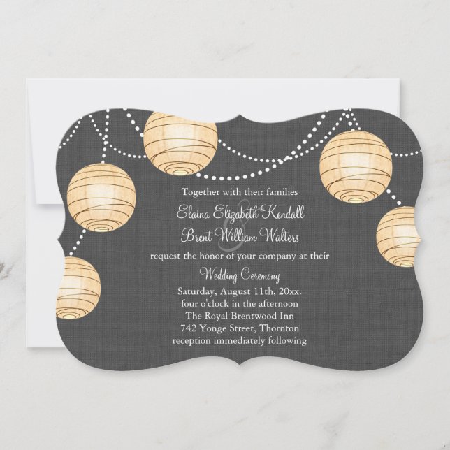 Lanterns on Grey Burlap Wedding Invitation 2 (Front)