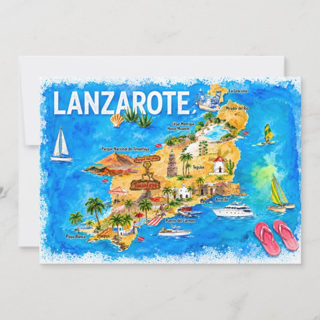 Lanzarote Canarias Spain Illustrated Map Postcard (Front)