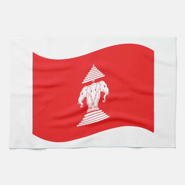 Lao Erawan Three Headed Elephant Flag Wave Tea Towel (Horizontal)