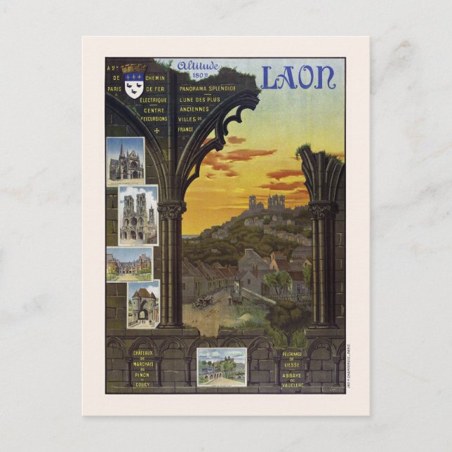 Laon France Vintage Travel Poster 1912 Postcard (Front)