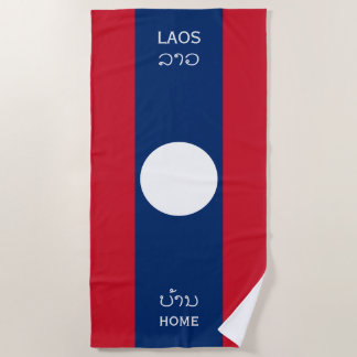 Laos Flag and Text, Home Beach Towel
