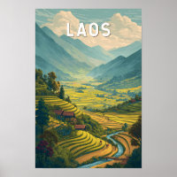 Laos Illustration Travel Art Vintage