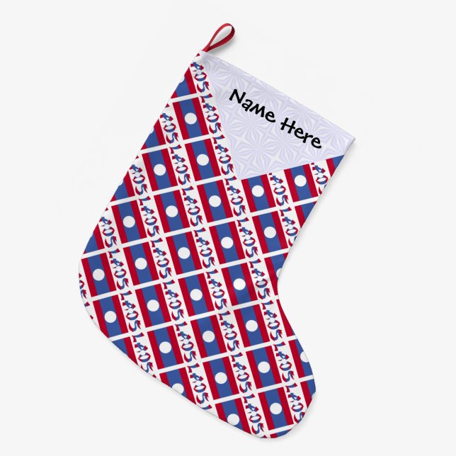 Laos Laotian Flag Tiled Black Personalisation  Large Christmas Stocking (Front (Hanging))