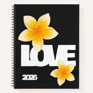 Laos Love Frangipani Flower White on Black Notebook