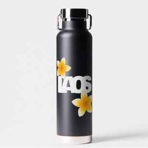 Laos Love Frangipani Flower White on Black Water Bottle