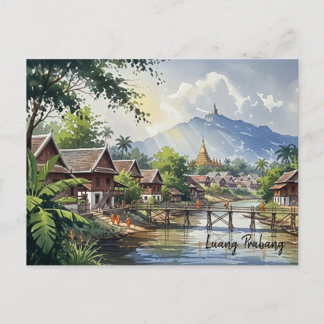 Laos Luang Prabang Travel Watercolor Postcard (Front)