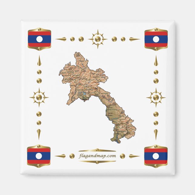 Laos Map + Flags Magnet (Front)