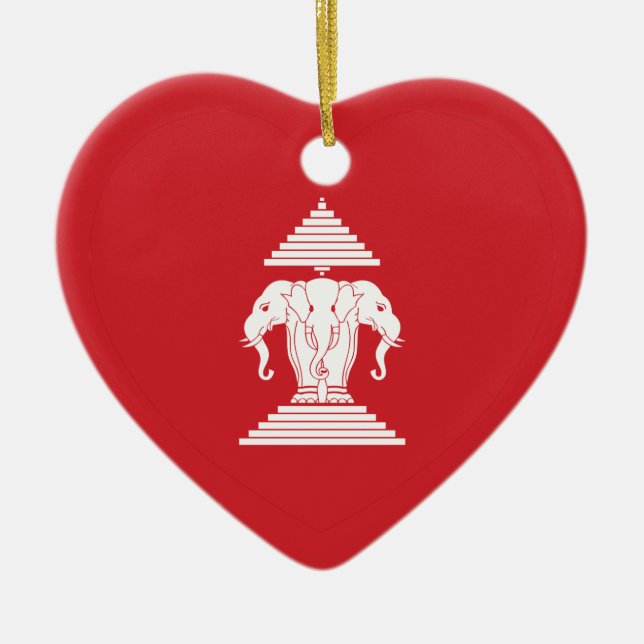 Laotian Erawan 3 Headed Elephant Heart Flag Ceramic Tree Decoration (Front)
