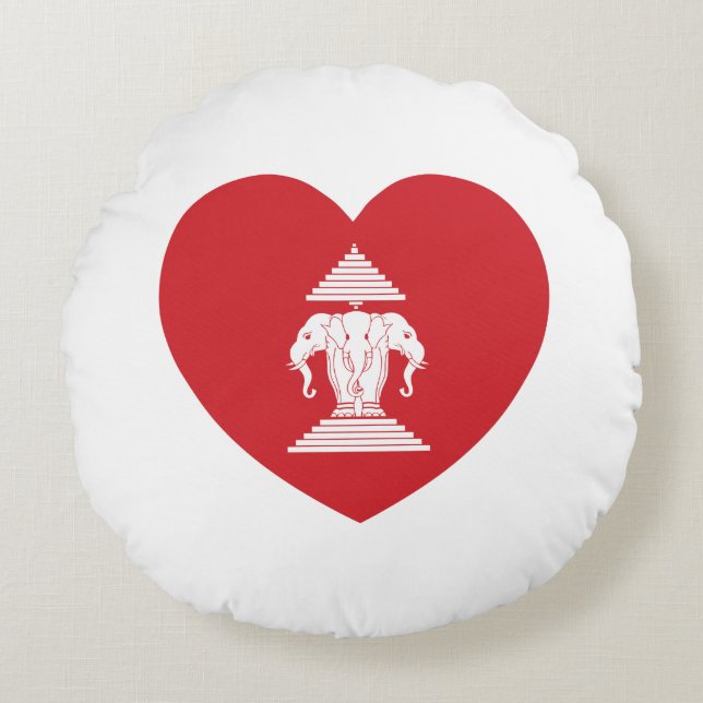 Laotian Erawan 3 Headed Elephant Heart Flag Round Cushion (Front)