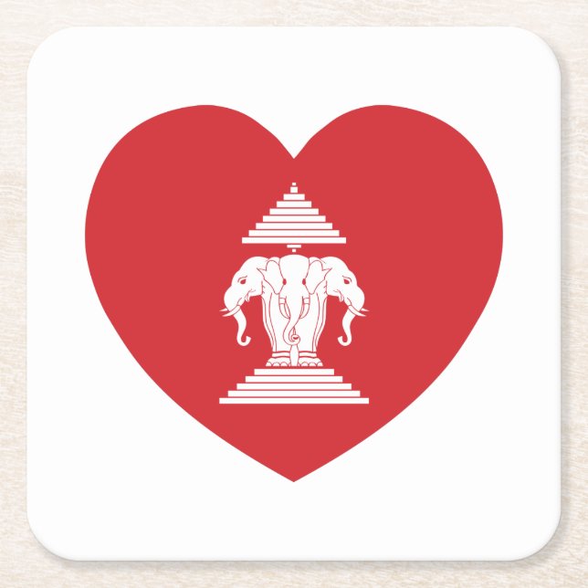 Laotian Erawan 3 Headed Elephant Heart Flag Square Paper Coaster (Front)
