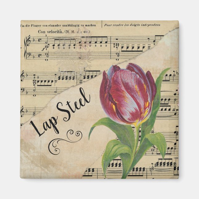 Lap Steel Elegant Tulip Vintage Sheet Music Magnet (Front)