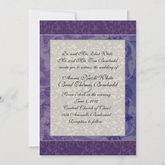 Lapis and Silver Damask Style Wedding Invitation (Front)