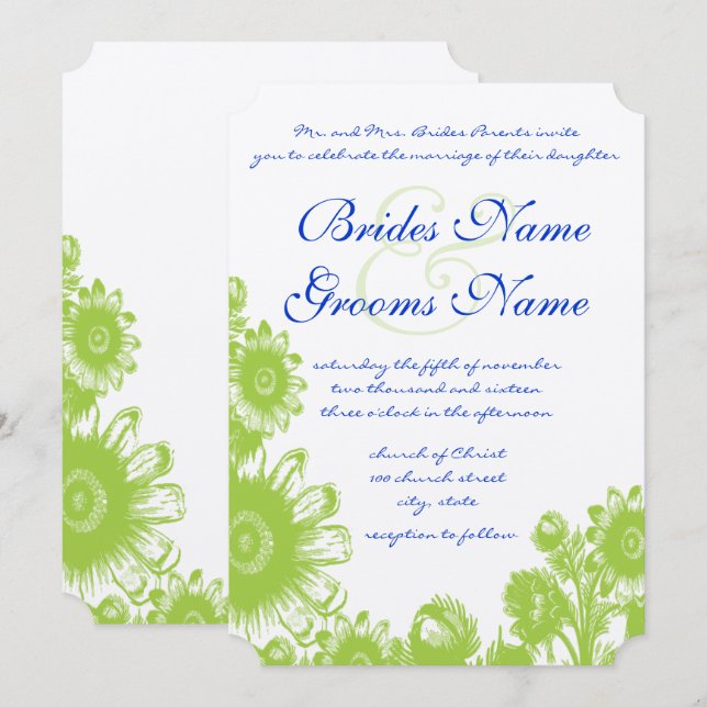 Lapis Blue and Green Floral Wedding Invitation (Front/Back)
