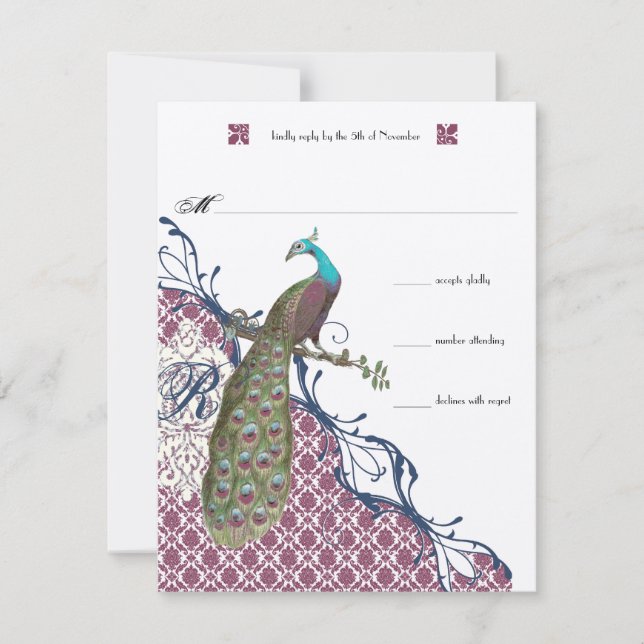 Lapis Blue Raspberry Damask Peacock Wedding RSVP Card (Front)