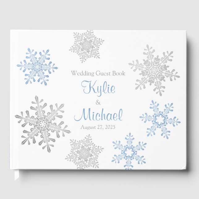 Lapis Blue Silver Grey Snowflake Winter Wedding Guest Book (Front)