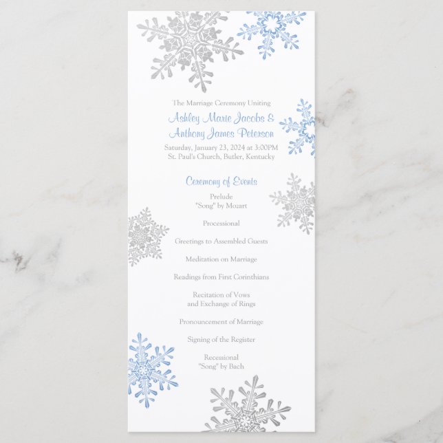 Lapis Blue Silver Snowflake Winter Wedding Program Programme (Front)