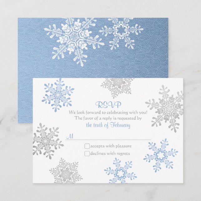 Lapis Blue Silver Snowflake Winter Wedding RSVP Card (Front/Back)