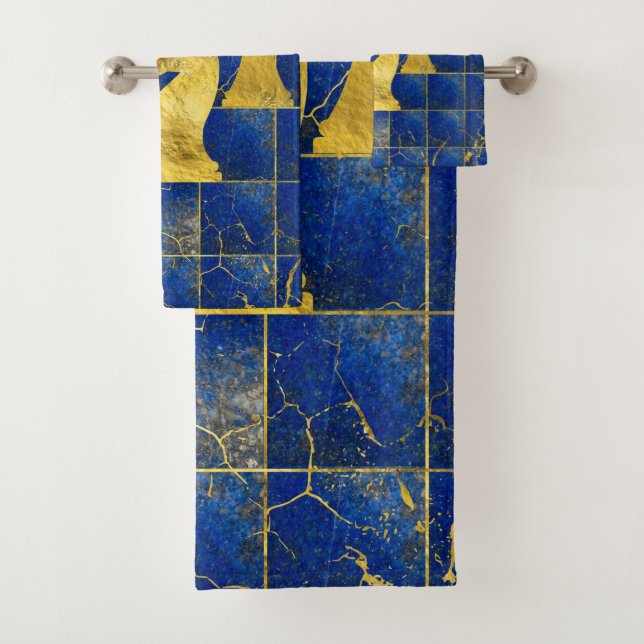 Lapis Lazuli Chessboard and Gold Chess Pieces Bath Towel Set (Insitu)